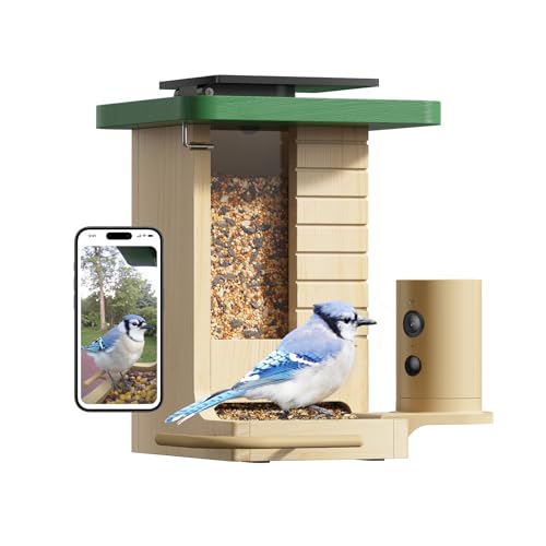 Smart Bird Feeder with Camera Solar Powered, Night Insight & Slow-Motion Video for Outdoors & Backyard Birds Watching, AI Identify 6000+ Species by Subscription, Wood | Fir Wood, Live Stream, Night Insight, 1080P, AI Bird Identify 6000+ Species, Gift for