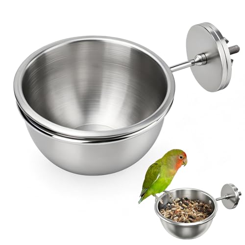 Anti-Tip Bird Bowls for Water and Food, Heavy Duty 304 Stainless Steel Parrot Feeder Cups with Locking Buckle, Bird Cage Accessories for Parakeet Cockatiel Conure Budgie, 12.5oz