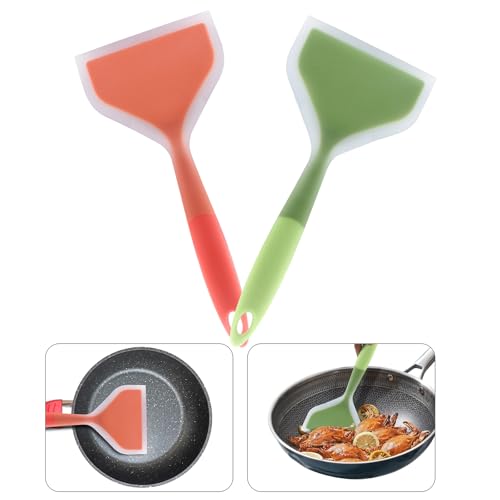 2Pcs Silica Gel Wok Spatula, Orange & Green, Style 2 | Wide Pancakes Spatula, Nonstick Heat-Resistant, Pancake Shovel with Short Handle, For Cooking, Baking and Stir-Fry - color: Orange & Green,Style 2