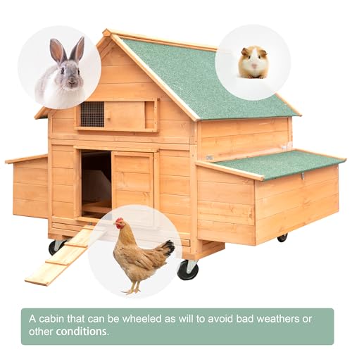 Chicken Coop on Wheels, Large Mobile Wooden Hen House for 4-6 Chickens, Outdoor Poultry Cage with Nesting Box, Chicken House for Outside Farm Backyard - size: 4-6 Chickens