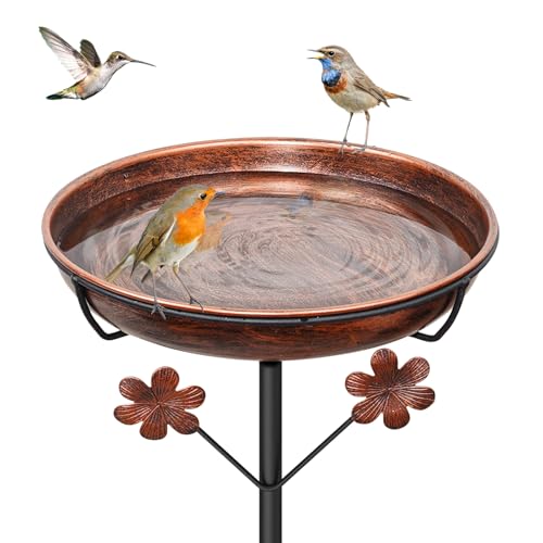 Metal Bird Bath for Outside, Freestanding Birdbaths Bowl Outdoor with Iron Stake, Vintage Spa Birdfeeder Bowl for Garden Patio Yard Lawn Decor, Easy to Clean - color: Vintage Brown, Flowers
