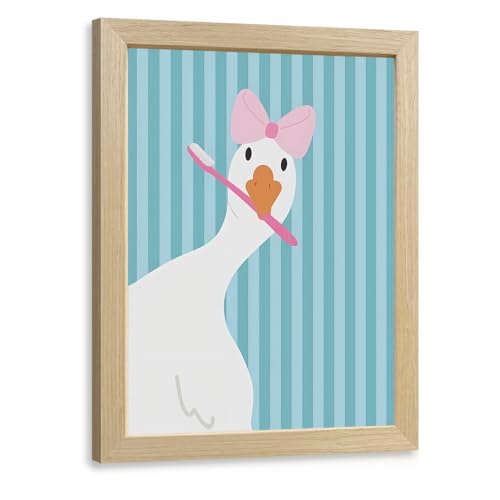 GELDSTEI Wood Framed Funny Brushing Teeth Goose Bathroom Wall Art 8x10 in | Funny Soft Tone Wall Decor, Pink Bow and Toothbrush Goose Art Print, Bathroom Decor for Nursery and Powder Room - color: Goose, size: 10"L x 8"W