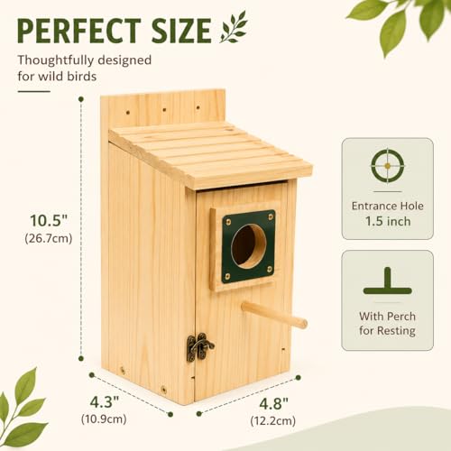 Bluebird House for Outside, Bird House with Copper Predator Guard, Natural Pine Wood Birdhouse, No Assembly Required, Easy Clean Nesting Box for Bluebirds, Wrens, Chickadees, Tree Swallows & Finches