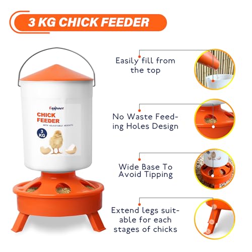 Eggluuz Chick Feeder and Waterer Set, Top Fill 3kg Chick Feeder and 1.5L Chick Waterer with 3 Adjustable Heights