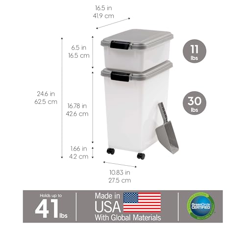 IRIS USA Dog Food Storage Container, Up to 30+11 lbs, Gray/Dark Gray | Made in the USA, Includes 2-Cup Scoop & Wheels, Airtight Seal, BPA-Free, Bird Seed, Cat food, Cat Litter, Treats, Toys - color: Silver