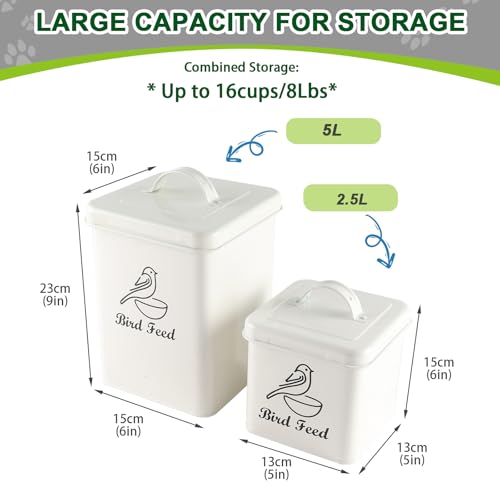 Set of 2 Metal Bird Seed Storage Container,Combined 8lbs Bird Seed Container with Scoop,Wild Bird Food Bins for Storing Sunflower Seed-Sturdy and Squirrel proof-6''x9''+5''x5''-White