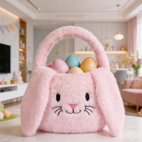 PRATIQUE Foldable Plush Easter Basket with Bunny Ears for Kids, Easter Egg Hunt Bucket with Handle, Cute Storage Bin for Candy, Toys & Gifts (Pink) - color: Pink