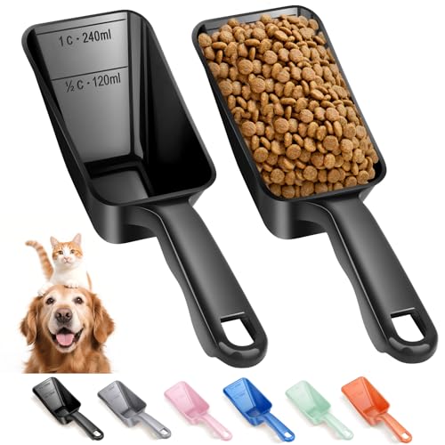 2-Pack Dog Food Scoop 1 Cup, Plastic Pet Food Measuring Scoop With Measuring Lines (1/2 & 1 Cup Markings) for Dogs, Cats, Fish, Bird（Black) - color: Black