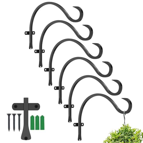 12 Inch Heavy Duty Plant Hanger Wall Hook 6 Pack - Black Iron Hanging Plant Bracket Holds 44 lbs - Rust Resistant Indoor Outdoor Hooks for Bird Feeders Lanterns Wind Chimes Hanging Baskets with Screws - size: 6 Pieces