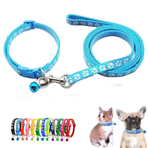Puppy Dog Collar Leash Set with Bell, Cat Kitten Collars Light Blue XXS XS | Paw Print Reflective Dog Collar Leash Set with Bell, Basic Nylon Boy Girls Pet Collar Adjustable For XXS XS S Tiny Puppies - color: sky blue