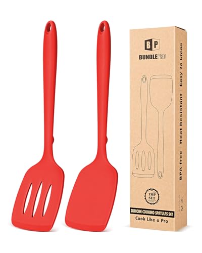 Pack of 2 Silicone Spatula Turners, Non Stick Slotted Kitchen Spatula Set, Heat Resistant BPA Free Kitchen Utensils, One-Piece Design, Suitable for Flipping Fish, Eggs, Steak, Pancakes (RED) - color: Red