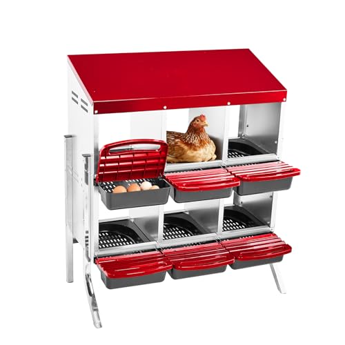 Outvita Chicken Nesting Boxes, 6 Compartments Metal Nesting Boxes for Chickens with Metal Legs, Wall/Floor Mount for Laying Eggs with Swing Perch and Roll Away Egg Collection for Chicken Coop, Red - color: Red, size: 33.5"L x 20.5"W x 37.8"H