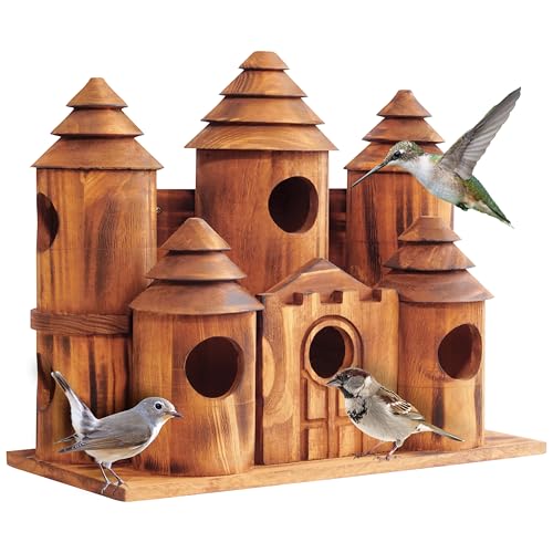MIXUMON Wooden Bird Houses for Outside – 8 Rooms Castle-Style Bird House, Carbonized Pine Rustic Finish, 1.57" Entrance Holes, Decorative Outdoor Bird Nesting Box (Rustic, 8 Rooms)
