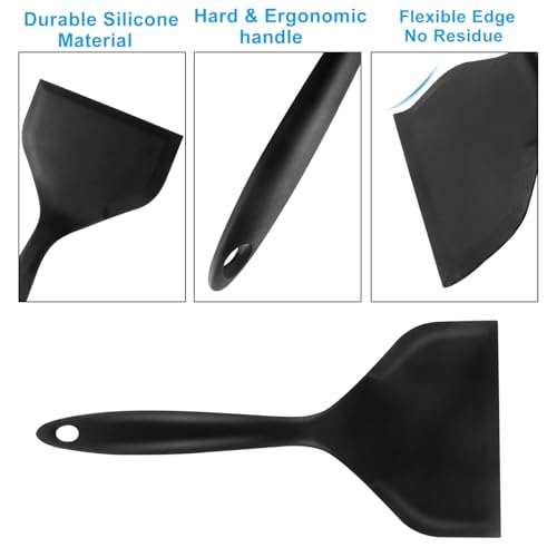 Hitefu 2 Pcs Silicone Spatula Turner, Black | Wide Pancake Flipper, Tamagoyaki Shovel, BPA Free Non-Stick, For Omelette, Pizza, Steak & Fish - color: Black