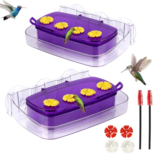 2 Pack Window Hummingbird Feeder with Strong Suction Cup, Plastic Hummingbird Feeders for Outdoors, Built-in Moat,Easy to Clean and Refil (10oz) (2, Purple) - color: Purple, size: 2 Pack