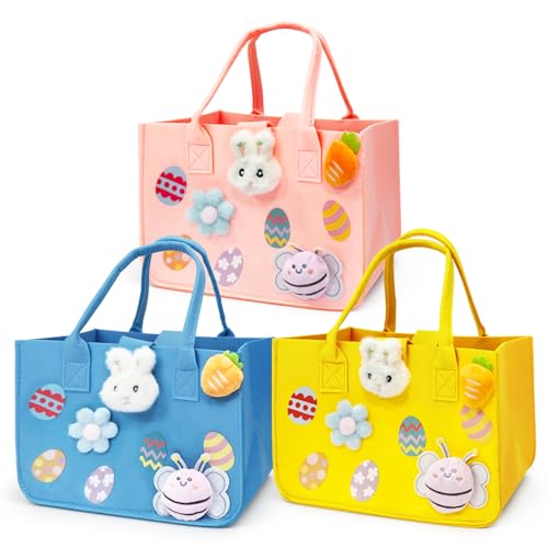 PARSUP 3PCS Easter Egg Hunt Bags Happy Easter Bunny Gift Bags with Handles, Easter Treat Bags, Felt Easter Bags for Gifts Wrapping, Egg Hunt Game, Easter Party Supplies, 12" x7.8" x6.8"