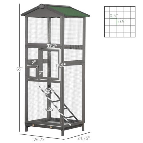 PawHut 65" Wooden Bird Cage Outdoor Aviary House for Parrot, Parakeet, with Pull Out Tray and 2 Doors, Grey | for Parrot, Parakeet, with Pull Out Tray, 2 Doors