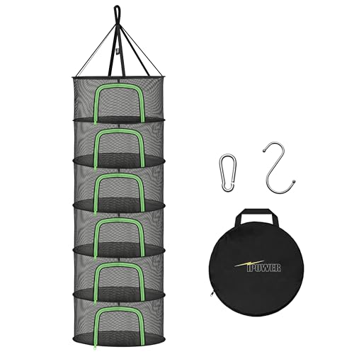 iPower Herb Drying Rack 6-Layer 2-Feet Hanging Mesh Net Dryer Collapsible with U-Shape Zippers, Pothook, Carabiner and Storage Pouch, for Hydroponics Flowers, Buds, Fruits, Seafoods, Clothes, New - size: 6-Layer, style: Black U-Zippered New