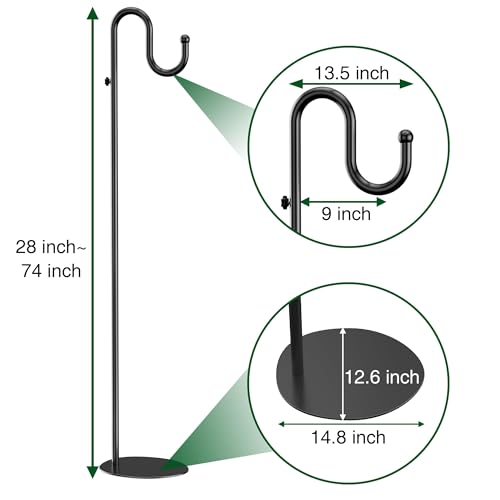 74" Shepherds Hook Stand: Hanging Bird Feeders, Plants, and Wind Chimes | Heavy Duty, Adjustable, Free Standing Pole Holder with Heavy Duty Base for Indoor & Outdoor, Holds Up to 20 LBS - color: Black