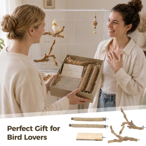 5 Pcs Natural Wood Bird Perch Set, Paw Grinding Standing Branches Hemp Rope Platform Comfort Cage Accessories for Small Parrots Budgies Cockatiels