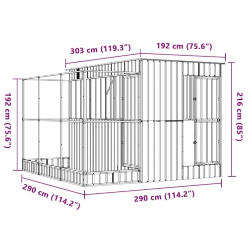 Silver Steel Aviary with Extension 114.2x119.3x85.0 | Galvanized Frame, Lockable Door, Steel Mesh, for Parrots, Rabbits, Ducks - size: 114.2" x 119.3" x 85"