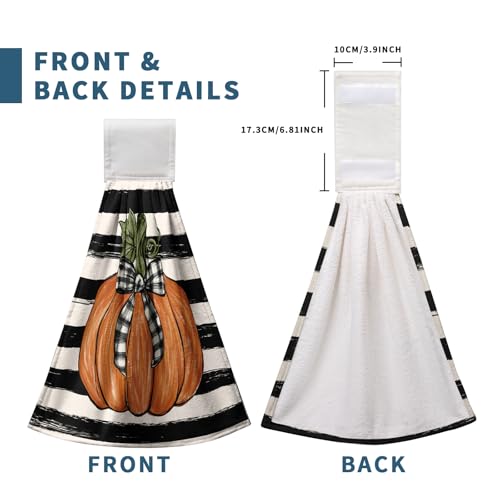 Fall Pumpkin Maple Leaves Kitchen Towels with Hanging Loop Autumn Thanksgiving Stripe Hand Tie Towels Soft Absorbent Fingertip Bath Towel Oven Stove Dish Washcloths Set of 2 - color: Fall Stripe