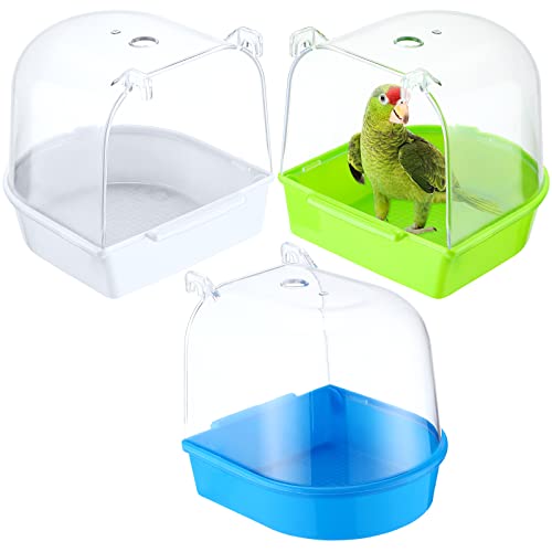 Honeydak 3 Pieces Clear Bird Bath for Cage Parakeet Bird Cage Accessories Hanging Bath Box Parrot Bathing Tub with Clear View for Cockatiel Conure Canary Budgies Parrots Blue Green White - color: Classic Colors
