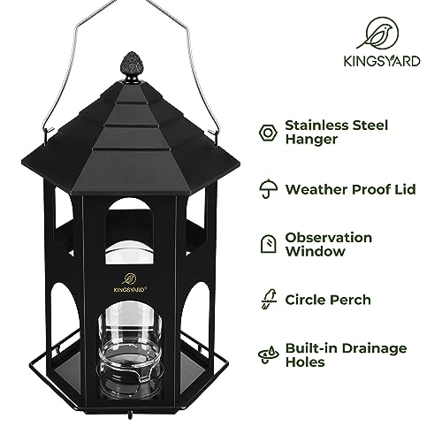 Kingsyard Metal Bird Feeder for Outdoor Hanging, Wild Bird Feeders with Circular Perch, Easy to Clean & Refill, 4 lbs Large Seed Capacity, Black - color: Black