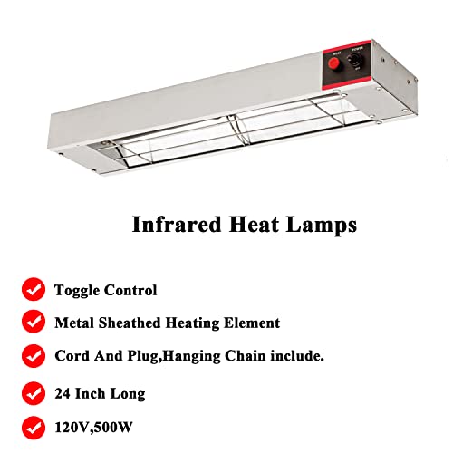 24 Inch Food Heat Lamp Commercial Food Warmer Overhead Strip Warmer 500 Watts with Chain and Us Plug,110v (24") - size: 24"