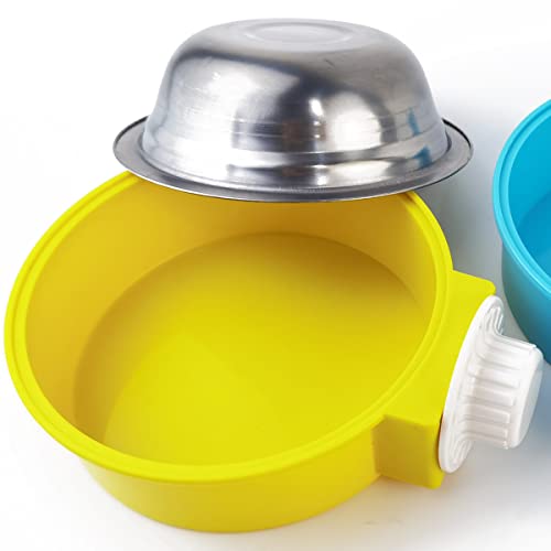 NSBELL 4PCS Crate Dog Bowl, Plastic Bowl & Stainless Steel Bowl Removable Hanging Food & Water Feeder 2-in-1 Cage Bowl Coop Cup for Cat, Dog, Birds with 4 Pet Food Spoons
