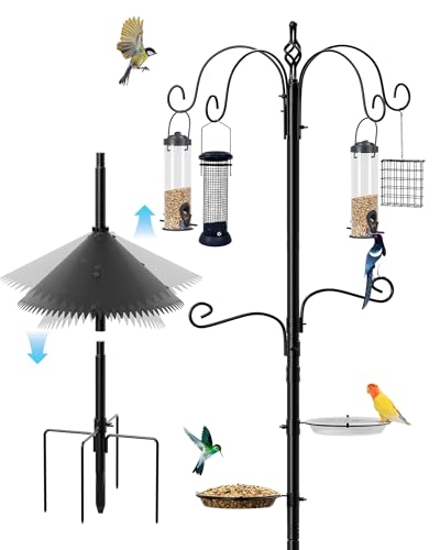 Bird Feeding Station, 94 Inch Wild Bird Feeders Pole with Wide Squirrel Baffle, 6-Hook, 4 Feeders, Water and Mesh Tray Humming Bird Feeders Stand for Outdoors Courtyards Gardens