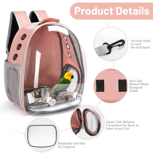 Bird Backpack Carrier, Travel Bird Cage for Small Medium Size Parrot Parakeet Budgies Cockatiel, Portable Clear Bubble Window Bag with Stainless Steel Tray Food Bowl Standing Perch (Pink) - color: Pink