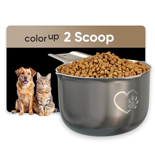 Color Up 2 Scoop (2 Cup / 480 ml) Stainless Steel Pet Food Measuring Scoop for Dogs, Cats, Rabbits & Birds – Dual Pour Spouts, Ergonomic Handle, Dishwasher Safe - size: 2 Scoop (2 Cup)