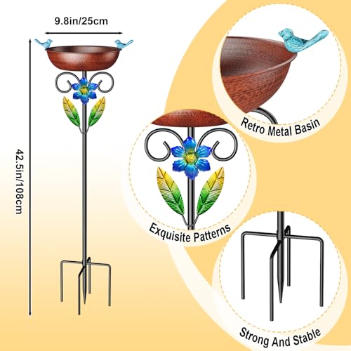 Metal Bird Bath for Outside, Vintage Freestanding Birdbaths & Birdfeeder Combo with Rust-Resistant Stake, Bird Baths Feeder Bowl for Outdoors Garden Patio Yard Lawn Decor - style: Brown+Flower
