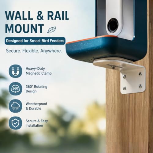 Magnetic Wall & Rail Clamp Designed for Bird Buddy Smart Feeder | carbon steel frame, secure base, flat fence, wooden deck, balcony edge, 3.32 inch fit, 360 degree swivel