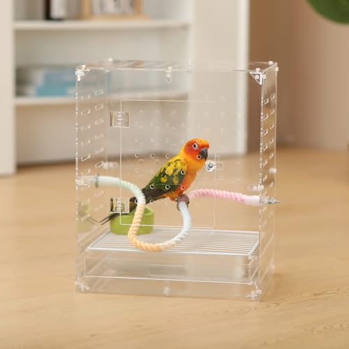 Clear Acrylic Bird Cage for Small Birds, Transparent Display Habitat for Canary, Parakeet - Easy to Clean & Assemble (9x12x15in) - size: 9"L x 12"W x 15"H