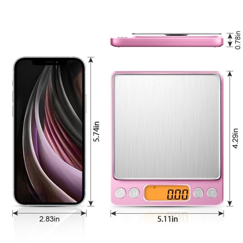 0.01g High Precision Kitchen Food Scale, Diyife 500g Portable Digital Scale | with LCD Display, Tare, Multifunctional Gram Scale Weight for Cooking, Baking, Jewelry, 2 Tray, Batteries Included, Pink - color: Pink
