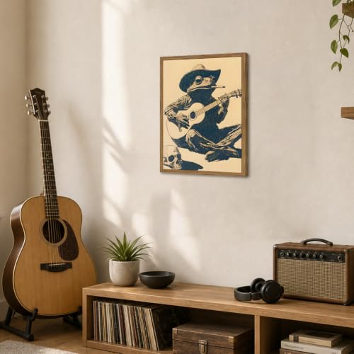 Funny Cowboy Frog Wall Art, Western Musical Frog Wall Decor Painting Whimsical Animal Poster Canvas Vintage Southwestern Prints Picture for Living Room Bedroom Bathroom 12x16 inch Wood Framed - color: Animal-Z-1, size: 16"L x 12"W