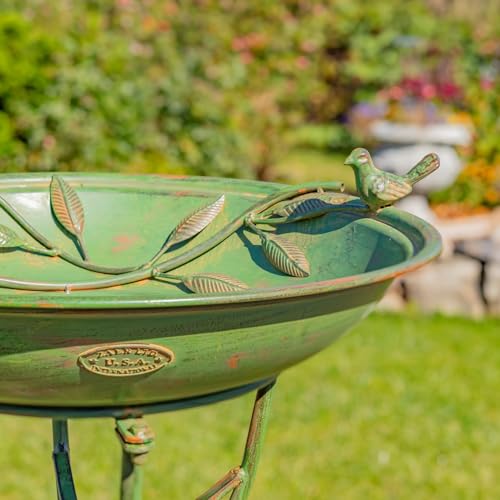 Zaer Ltd. Deep Well Made Metal Birdbath with 2 Cast Iron Birds and Leaf Decoration (Verdi Green) - color: Verdi Green