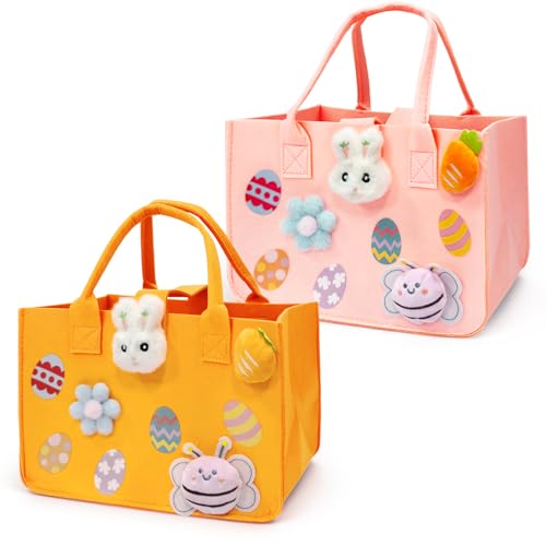 Aviski 2PCS Easter Egg Hunt Bags, Easter Bunny Gift Bags with Handles, Easter Treat Bags, Felt Easter Bags for Gifts Wrapping, Egg Hunt Game, Easter Party Supplies, 12" x7.8" x6.8"(Pink + Orange)
