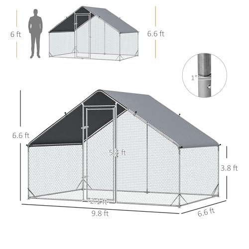 PawHut Large Chicken Coop Metal Chicken Run with Waterproof and Anti-UV Cover, Spire Shaped Walk in Fence Cage Hen House for Outdoor and Yard Farm Use, 1" Tube Diameter, 9.8' x 6.6' x 6.6' | Metal Chicken Run, Spire Shaped Walk In Fence Cage Hen House, Ou