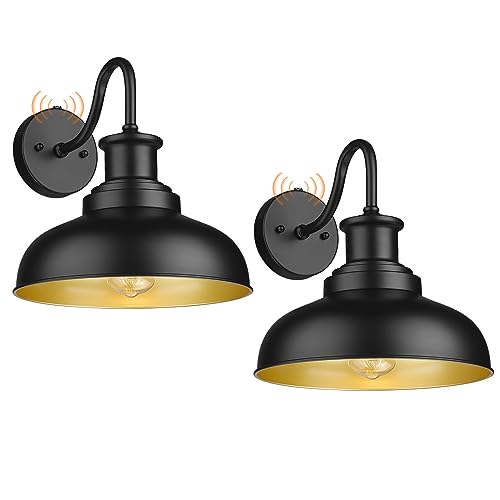 Dusk to Dawn Outdoor Barn Lights Outdoor Wall Sconces Farmhouse Exterior Wall Mount Light Vintage Outside Lighting Fixture Industrial Black Lanterns for Porch Garage Shed Patio, 2 Pack - color: Black+Gold, size: 12DDRZ007-2 PACK(Dusk to Dawn)