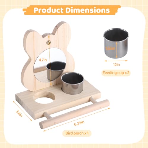 Wood Parrot Perch Mirror Feed Cups, Bird Cage Toy Small Medium Parrots | Dual food water feeding cups, sturdy wooden stand, fits budgie, parakeet, cockatiel, lovebird, african grey and macaw
