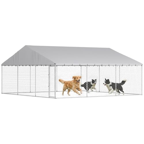 PawHut Outdoor Dog Kennel, 20' x 20' x 10', Waterproof Roof for Large Dogs | Heavy Duty Galvanized Chain Link Pet Enclosure, Secure Lock for Chicken, Duck - size: 236.2"L x 236.2"W x 106.3"H