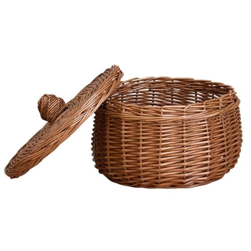 Handwoven Round Wicker Egg Basket with Lid for Kitchen & Fruit | Small Round Rustic Storage for Countertop, Pantry, Farmhouse & Bedside Table Use