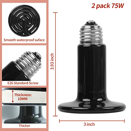 75W Ceramic Heat Emitter (2 Pack), Reptile Heat Lamp Bulbs, Ceramic Heater for Amphibian, Pet Brooder Coop, Chicken, Dog - size: 75*2