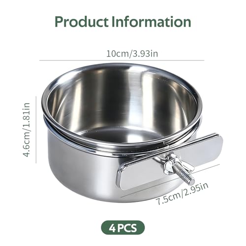 4pcs Stainless Steel Bird Food & Water Bowls with Clamp Holders - 3.9 * 1.7" Durable Cage Feeders for Parrots, Conures, Budgies, Parakeets, Lovebirds - Easy-Clean Pet Bird Feeding Cups