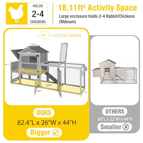 Aivituvin Mobile Chicken Coop with Wheels for 4-6 Chickens, Backyard Expandable Chicken House Duck Cage with Run, 2 Nesting Boxes, Easy Clean Pull-Out Tray, Leak-Resistant Asphalt Roof, 82.4"(Grey)