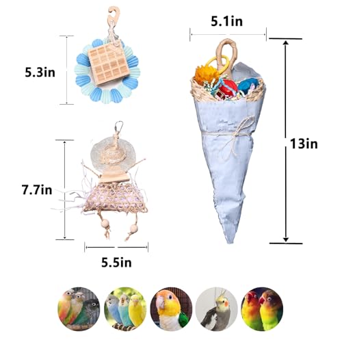 Parrot Chew Toys Set - Natural Wood & Loofah Toys with Plant-Based Dyes, 3 Pack Bird Chew Toys for Cockatiels, Conures & Small Parrots for Cage Enrichment (3 Pieces of Blue Series) - color: 3 pieces of blue series
