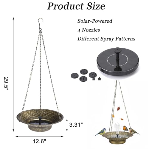 Hanging Solar Bird Bath for Outdoors, Metal Solar Powered Bird Bath Fountain, No Batteries Needed, 12.6" Hanging Bird Baths for Garden Patio Lawn Decor, Gold - color: Gold